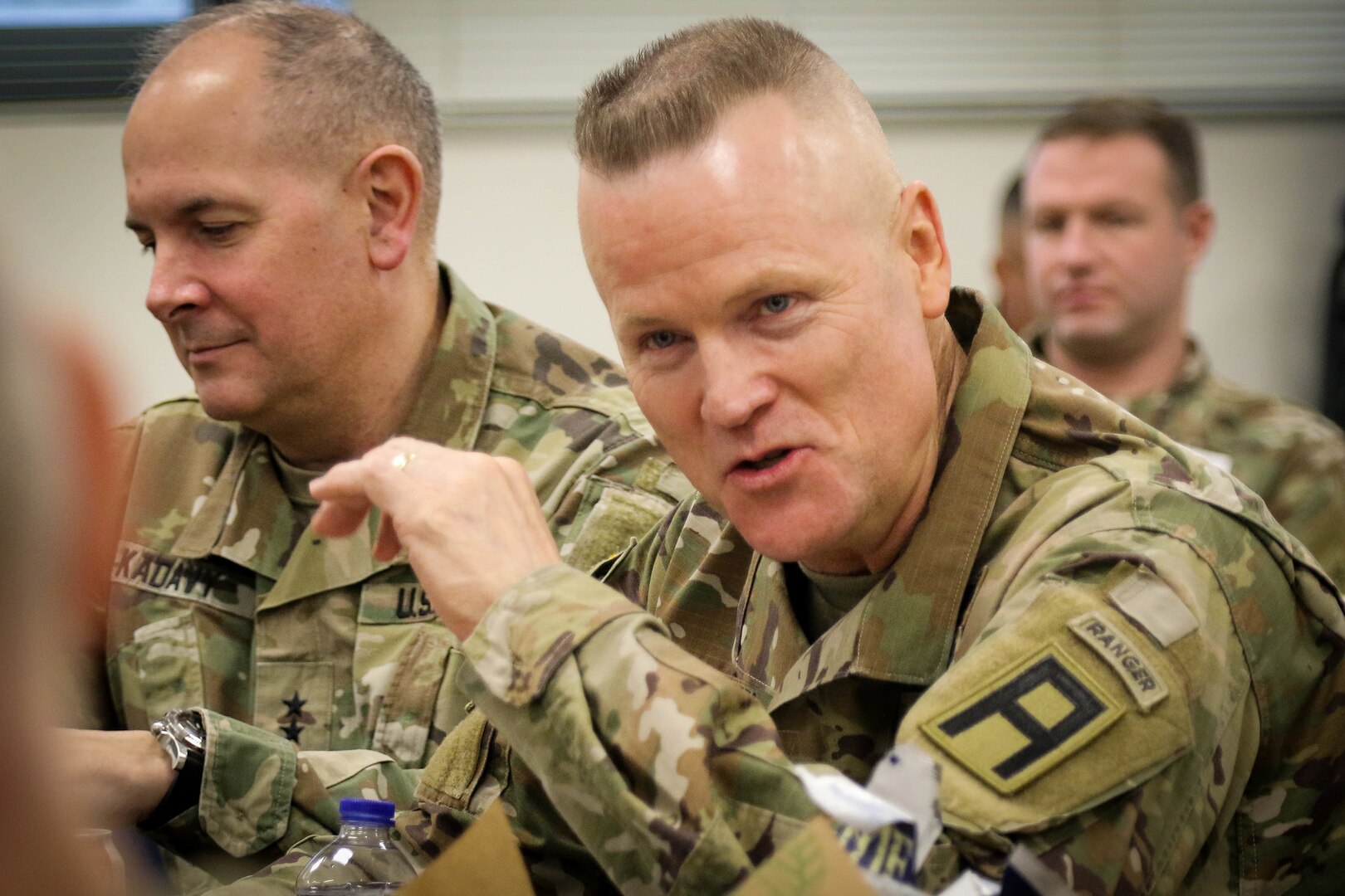 First Army Commanding General, Lt. Gen. Thomas James talks to the National Guard Division Commanders at the Green Tab Commanders Conference held at the Professional Education Center in Little Rock, Arkansas, Jan. 4, 2019. James said he has enormous respect for the National Guard and their capability of staying trained, mission capable, and juggling a civilian life as well.