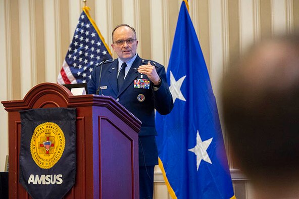 U.S. Air Force Maj. Gen. Lee Payne discusses MHS GENESIS at the 2018 AMSUS annual meeting. (Photo by MHS Communications)
