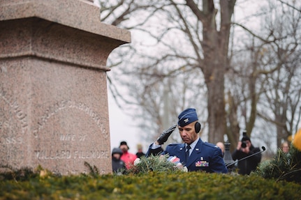 Col. Eric Laughton, commander of the 107th Medical Group, New York Air National Guard, lays a wreath at the grave of President Millard Fillmore on behalf of President Donald Trump during a ceremony honoring him on his birthday, Forest Lawn Cemetery, Buffalo, N.Y., Jan. 7, 2019. Fillmore was president from 1850-1853, and has a wreath laid at his grave every year on his birthday by the 107th Attack Wing, New York Air National Guard.