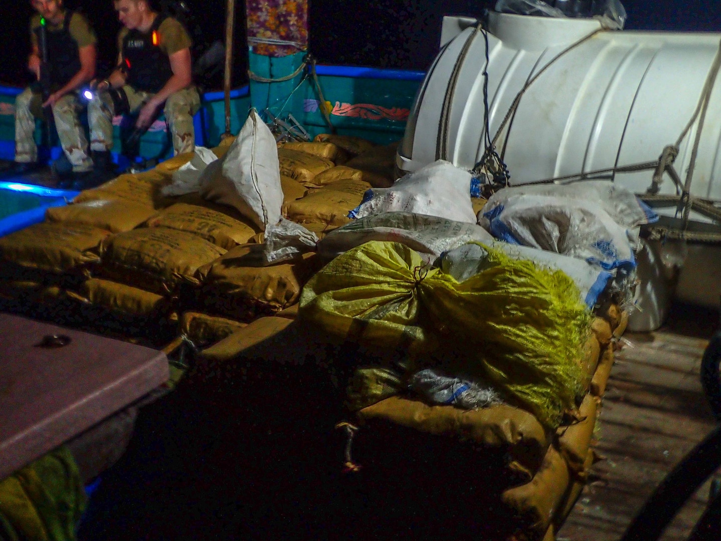 GULF OF ADEN (Dec. 27, 2018) The guided-missile destroyer USS Chung-Hoon (DDG 93) seized 11,000 pounds of illicit drugs aboard a stateless vessel while conducting maritime security operations in the international waters of the Gulf of Aden. USS Chung-Hoon is deployed to the U.S. 5th Fleet area of operations in support of naval operations to ensure maritime stability and security in the Central Region, connecting the Mediterranean and the Pacific through the western Indian Ocean and three strategic choke points. (U.S. Navy/Released)