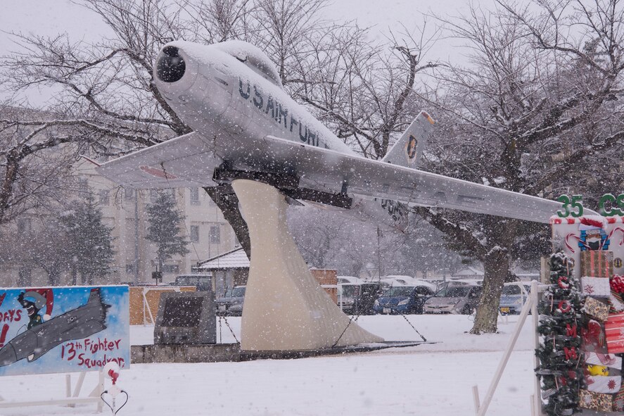An F-86F Sabre sits in Risner Circle at Misawa Air Base, Japan, Dec. 18, 2018. The F-86F model began production in 1952. Both U.S. Air Force and Japan Air Self-Defense Force units at Misawa AB utilized the aircraft until 1979. The aircraft downed 14 MIGs for every one F-86 lost in combat during the Korean War. (U.S. Air Force photo by Senior Airman Sadie Colbert)