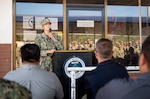 TINIAN, Commonwealth of the Northern Mariana Islands (Jan. 9, 2019) Rear Adm. Shoshana Chatfield, commander Joint Region Marianas and Task Force West, addresses attendees during a relief-in-place and transfer of authority ceremony. Naval Mobile Construction Battalion 3, Detachment Tinian, assumed responsibility as command element for Joint Task Group Engineer from Naval Mobile Construction Battalion 1, Detachment Guam. Service members from Joint Region Marianas and U.S. Indo-Pacific Command are providing Department of Defense support to the Commonwealth of the Northern Mariana Islands' civil and local officials as part of the Federal Emergency Management Agency-supported Super Typhoon Yutu recovery efforts. (U.S. Navy photo by Mass Communication Specialist 2nd Class Kelsey J. Hockenberger)