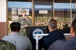 TINIAN, Commonwealth of the Northern Mariana Islands (Jan. 9, 2019) Rear Adm. Shoshana Chatfield, commander Joint Region Marianas and Task Force West, addresses attendees during a relief-in-place and transfer of authority ceremony. Naval Mobile Construction Battalion 3, Detachment Tinian, assumed responsibility as command element for Joint Task Group Engineer from Naval Mobile Construction Battalion 1, Detachment Guam. Service members from Joint Region Marianas and U.S. Indo-Pacific Command are providing Department of Defense support to the Commonwealth of the Northern Mariana Islands' civil and local officials as part of the Federal Emergency Management Agency-supported Super Typhoon Yutu recovery efforts. (U.S. Navy photo by Mass Communication Specialist 2nd Class Kelsey J. Hockenberger)