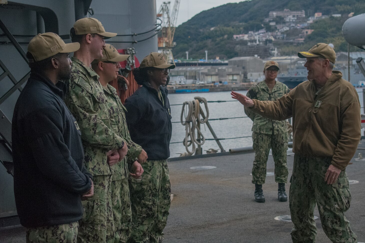 SASEBO, Japan (Jan. 9, 2019) Vice Adm. Phil Sawyer, the U.S. 7th Fleet commander, visits the crew from the amphibious dock landing ship USS Ashland (LSD 48) during a waterfront visit to forward deployed naval forces operating out of Fleet Activities Sasebo, Japan.
