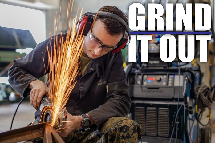 Lance Cpl. David A. Hill grinds a part Jan. 9, 2019 at Camp Kinser, Okinawa, Japan. Machinists and welders with General Support Maintenance Company, 3rd Maintenance Battalion, Combat Logistics Regiment 35, 3rd Marine Logistics Group fabricate, modify and repair parts for vehicles, weapons and other accessories. Hill is a welder with GSM Co., 3rd Maint. Bn., CLR-35, 3rd MLG. Hill is a native of Garland, Texas. (U.S. Marine Corps photo by Lance Cpl. Terry Wong)
