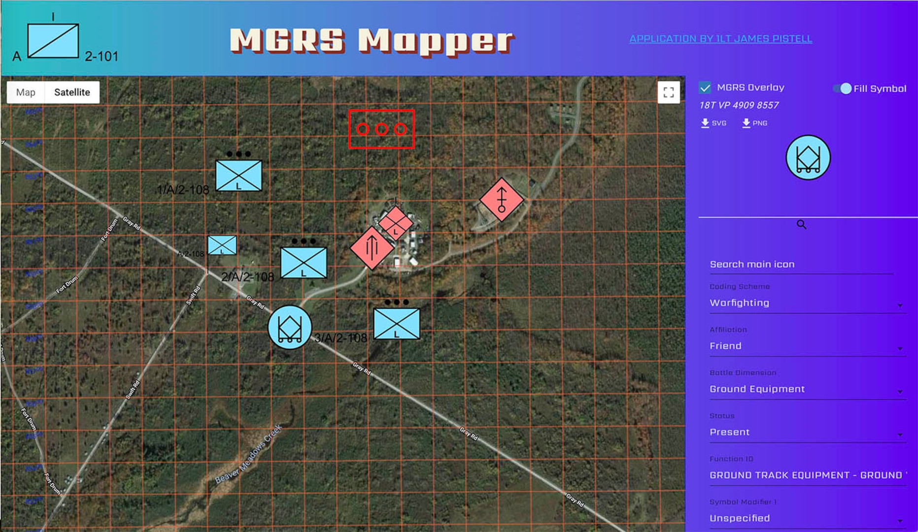 The MGRS-Mapper  computer application developed by New York Army National Guard 1st Lt. James Pistell allows users to overlay the military grid reference system on a Google maps image and then create and place tactical and warfighting graphics and symbols on it to be used as an overlay and shared via email.