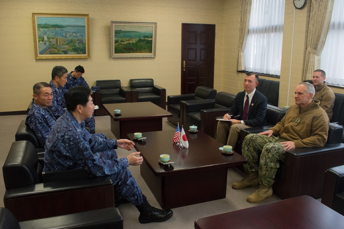 SASEBO, Japan (Jan. 9, 2019) Vice Adm. Phil Sawyer, the U.S. 7th Fleet commander, attends an office call with Vice Adm. Satoshi Kikuchi (front), the Japan Maritime Self-Defense Force (JMSDF) Sasebo District Headquarters commandant, and Rear Adm. Kenjo Sato (back), the JMSDF Sasebo District Headquarters chief of staff. Sawyer was in Sasebo to make a waterfront visit to forward deployed naval forces operating out of Fleet Activities Sasebo, Japan.