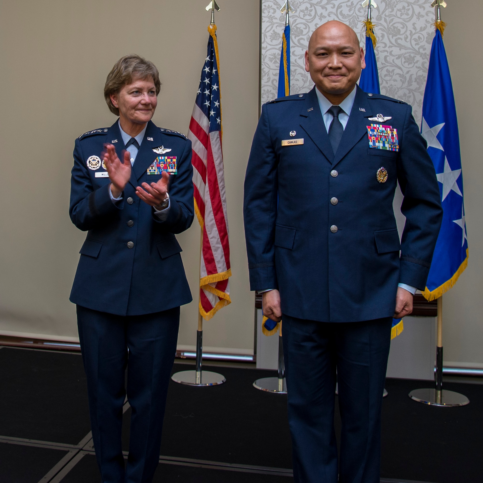 Col. Jimmy Canlas took command of the 618th Air Operations Center at Scott Air Force Base, Illinois, from Brig. Gen. John Lamontagne as Gen. Maryanne Miller, Air Mobility Command commander, presided over the ceremony Jan. 4,  2018.  The 618th AOC, formerly designated the Tanker Airlift Control Center,  is responsible for operational planning, scheduling, directing, and assessing a fleet of approximately 1,100 aircraft in support of combat delivery and strategic airlift, air refueling, and aeromedical operations around the world.