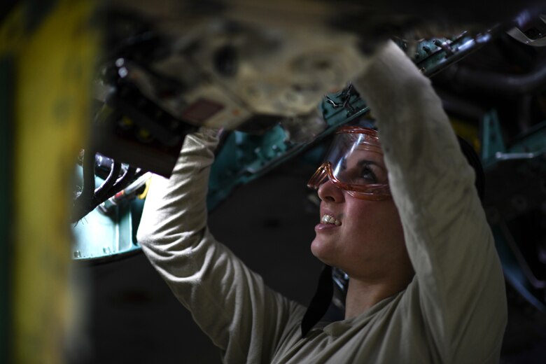 A 48th Maintenance Group maintainer inspects an F-15E Strike Eagle during a phase inspection at Royal Air Force Lakenheath, England, Jan. 10, 2019. The aircraft is completely broken down while each component is examined and then rebuilt after any issues have been repaired. (U.S. Air Force photo by Senior Airman Malcolm Mayfield)