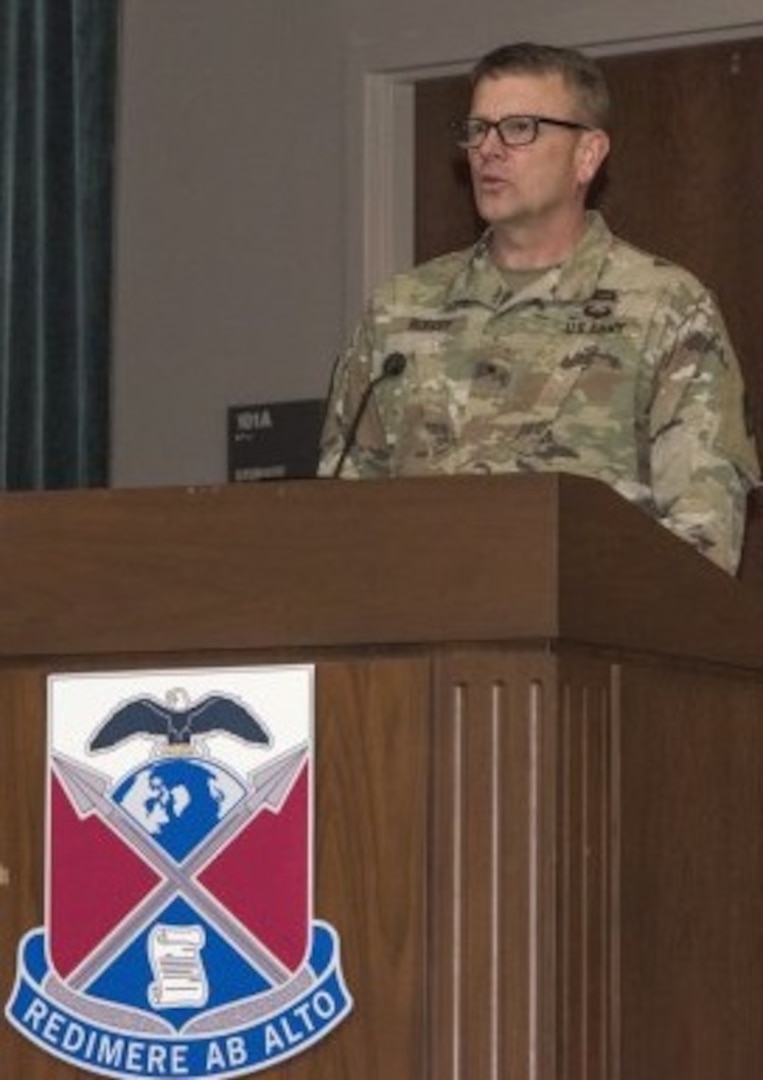 Brig. Gen. Bill Boruff addresses those in attendance for a 419th Contracting Support Brigade colors uncasing ceremony Jan. 4 at Fort Bragg, North Carolina. The brigade deployed to Afghanistan for nine months as the lead Army element for Army Contracting Command-Afghanistan. Boruff, who officiated the ceremony, is the commanding general for the Mission and Installation Contracting Command at Joint Base San Antonio-Fort Sam Houston.