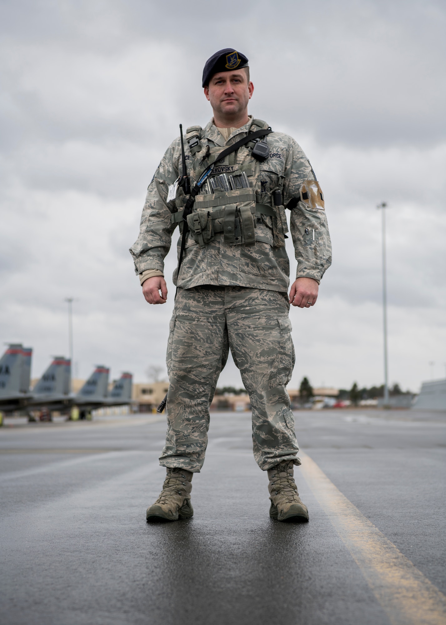 Senior Master Sgt. Andrew Cekovsky, 104th Security Forces Squadron drill status guardsman superintendent, protects the flight line Jan. 9, 2019, at Barnes Air National Guard Base, Massachusetts. Cekovsky has been with the 104th SFS for 19 years and is also a police officer with the Westfield Police Department. (U.S. Air National Guard photo by Airman 1st Class Randy Burlingame)