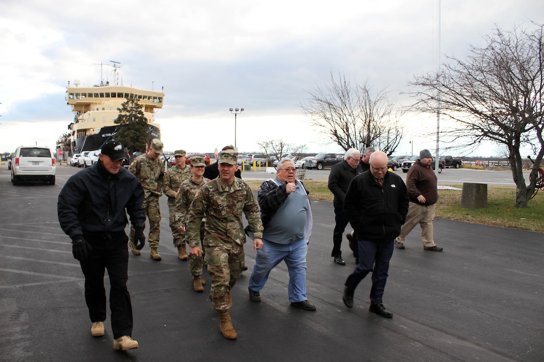 USACE North Atlantic Division Commander Major General Jeffrey L. Milhorn visited the Philadelphia District Jan. 9-10, 2019. During the visit, he met with several members of the Dredge McFarland (in background of photo) crew and the District's Operations Division at the Fort Mifflin Project Office and Distribution Center.