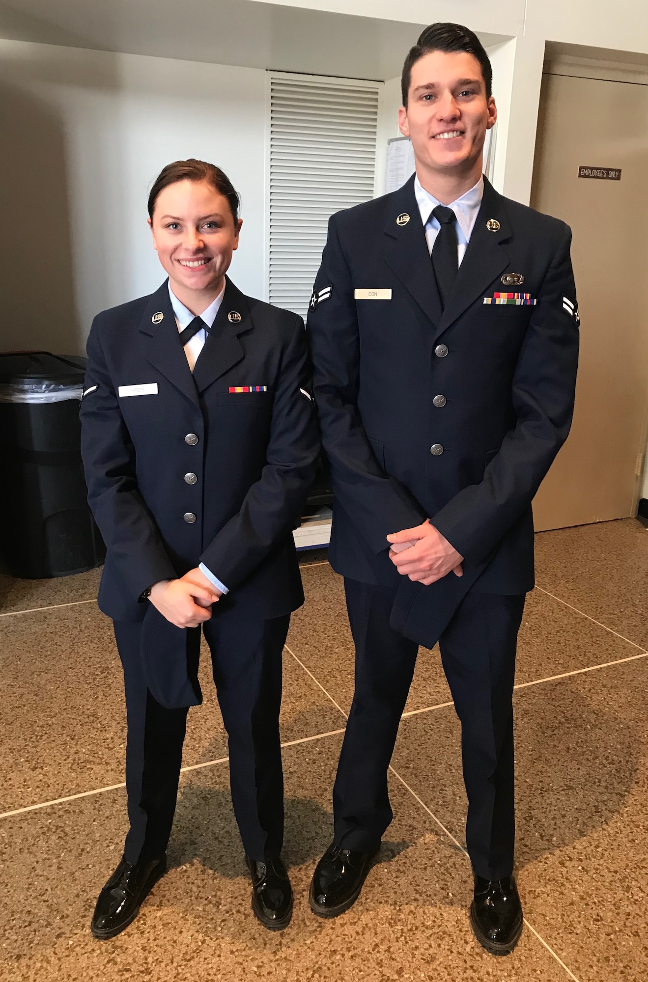 Airman 1st Class Alex Eon, 315th Training Squadron trainee, and Airman Kaycie Hinds, 315th Training Squadron trainee, capture the moment prior to graduating technical school training at Goodfellow Air Force Base, San Angelo, Texas Dec. 21, 2017. Although this photo was taken prior to their wedding in September 2018, Kaycie and Alex are now getting accustomed to a dual military marriage life.