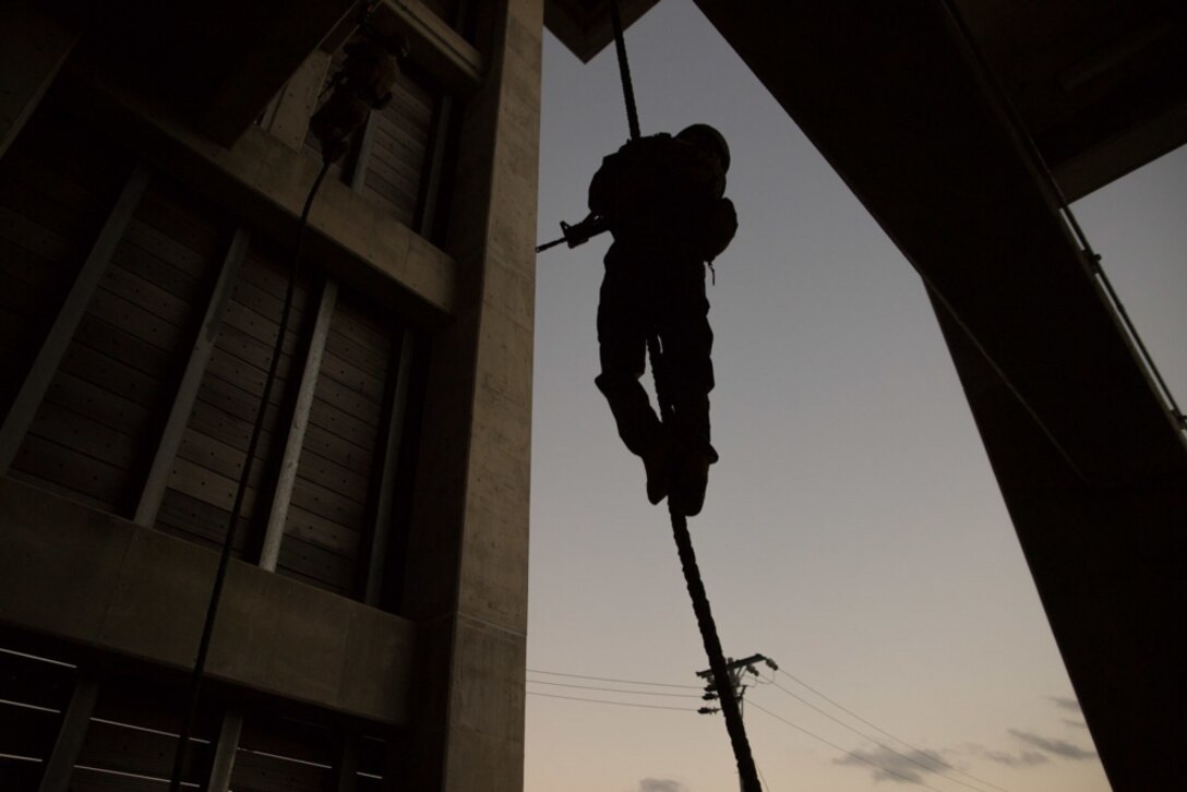 Marines with Weapons Company, Battalion Landing Team, 1st Battalion, 4th Marines, slide down ropes during fast rope training at Camp Schwab, Okinawa, Japan, Jan. 7, 2019. Fast roping allows Marines to quickly enter otherwise inaccessible locations from hovering aircraft. BLT 1/4 is the Ground Combat Element for the 31st Marine Expeditionary Unit. The 31st MEU, the Marine Corps’ only continuously forward-deployed MEU, provides a flexible and lethal force ready to perform a wide range of military operations as the premier crisis response force in the Indo-Pacific Region. (U.S. Marine Corps photo by Lance Cpl. Kyle P. Bunyi/ Released)