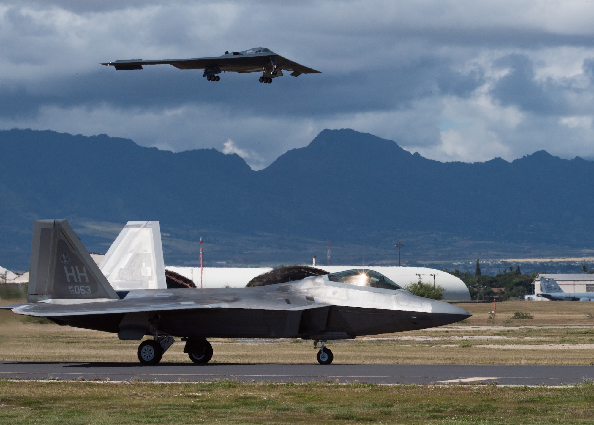 A B-2 Spirit bomber deployed from Whiteman Air Force Base, Missouri, lands at Joint Base Pearl Harbor-Hickam, Hawaii, Jan. 10, 2019.