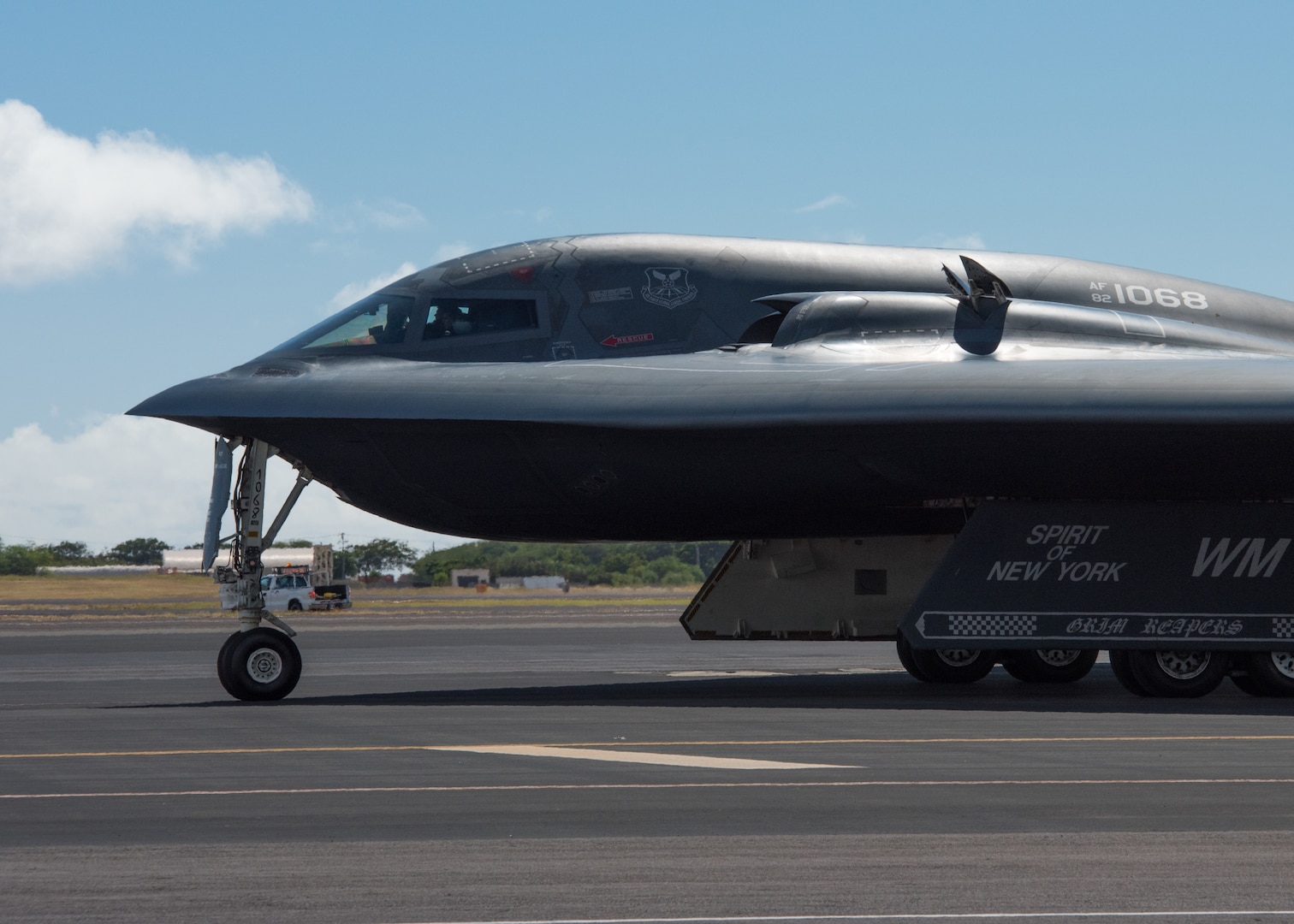 A B-2 Spirit bomber deployed from Whiteman Air Force Base, Missouri, is parked on the flightline at Joint Base Pearl Harbor-Hickam, Hawaii, Jan. 10, 2019.