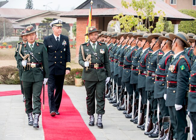 Commander, U.S. Indo-Pacific Command Adm. Phil Davidson participates in an honors ceremony at the Nepali Army headquarters. This is Davidson’s first visit to Nepal as the USINDOPACOM commander.