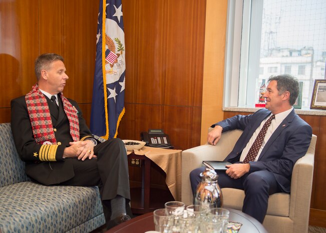 Commander, U.S. Indo-Pacific Command Adm. Phil Davidson meets with U.S. Ambassador to the Federal Democratic Republic of Nepal the honorable Randy Berry. This is Davidson’s first visit to Nepal as the USINDOPACOM commander.