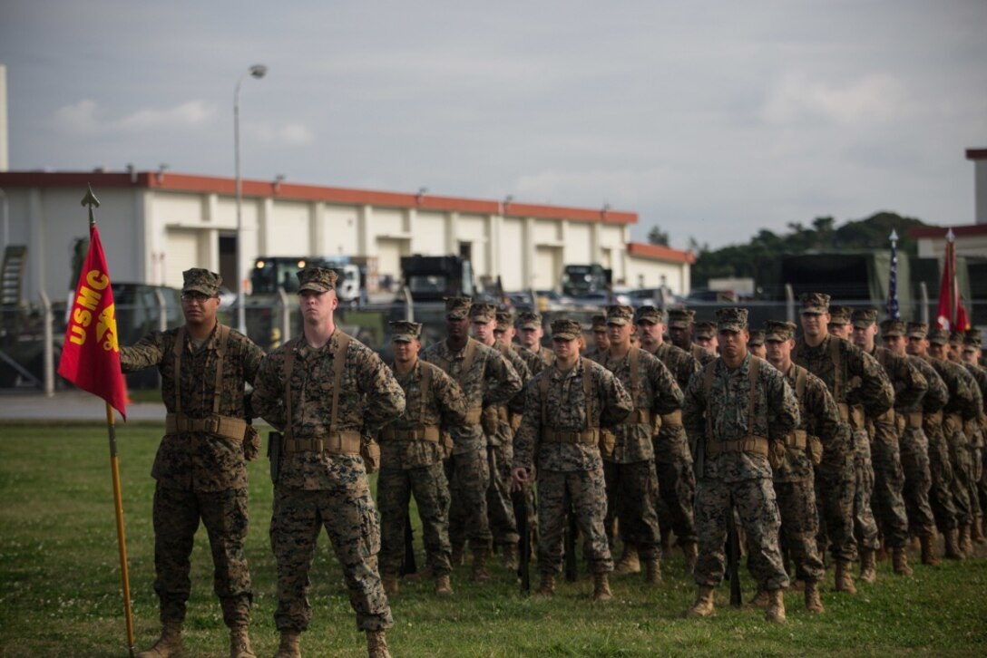 Marines with Combat Logistics Battalion 31 stand in formation during a Relief and Appointment ceremony at Camp Hansen, Okinawa, Japan, Jan. 10, 2019. CLB-31 is the Logistics Combat Element for the 31st Marine Expeditionary Unit. During the ceremony, Sgt. Maj. Christopher Gasser relinquished the sword of office to Sgt. Maj. Bryan Alfaro. The 31st MEU, the Marine Corps’ only continuously forward-deployed MEU, provides a flexible force ready to perform a wide range of military operations as the premier crisis response force in the Indo-Pacific Region. (U.S. Marine Corps photo by Lance Cpl. Kyle P. Bunyi/ Released)