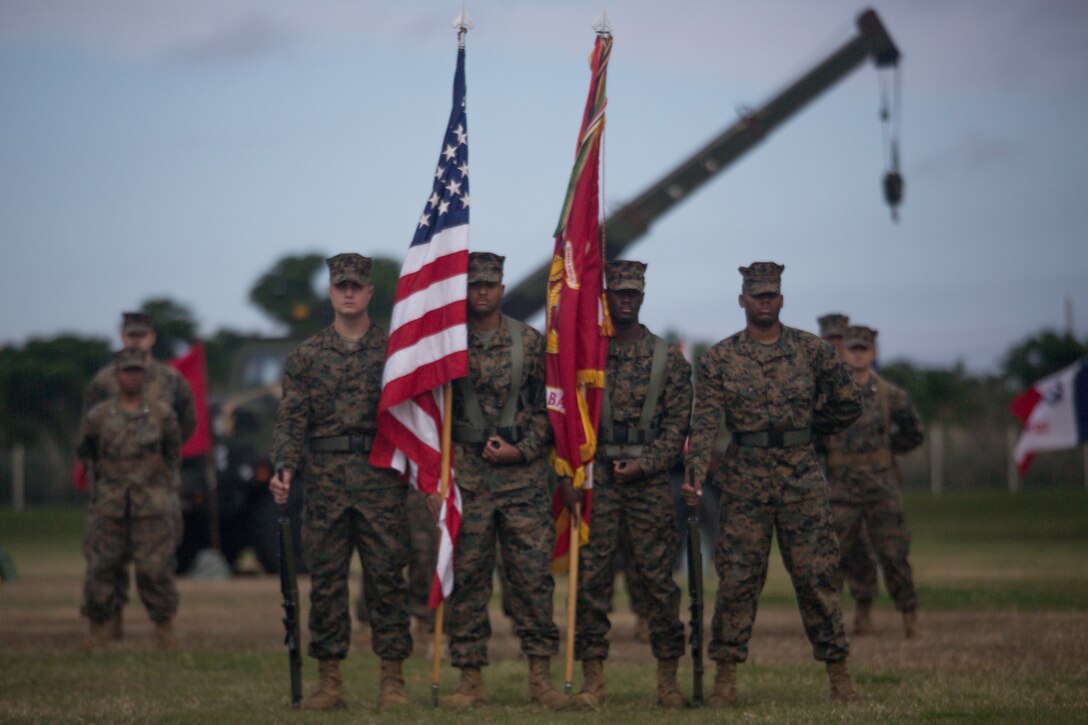 The Combat Logistics Battalion 31 Color Guard takes center stage during a Relief and Appointment ceremony at Camp Hansen, Okinawa, Japan, Jan. 10, 2019. During the ceremony, Sgt. Maj. Christopher Gasser relinquished the sword of office to Sgt. Maj. Bryan Alfaro. CLB-31 is the Logistics Combat Element for the 31st Marine Expeditionary Unit. The 31st MEU, the Marine Corps’ only continuously forward-deployed MEU, provides a flexible force ready to perform a wide range of military operations as the premier crisis response force in the Indo-Pacific Region. (U.S. Marine Corps photo by Lance Cpl. Kyle P. Bunyi/ Released)