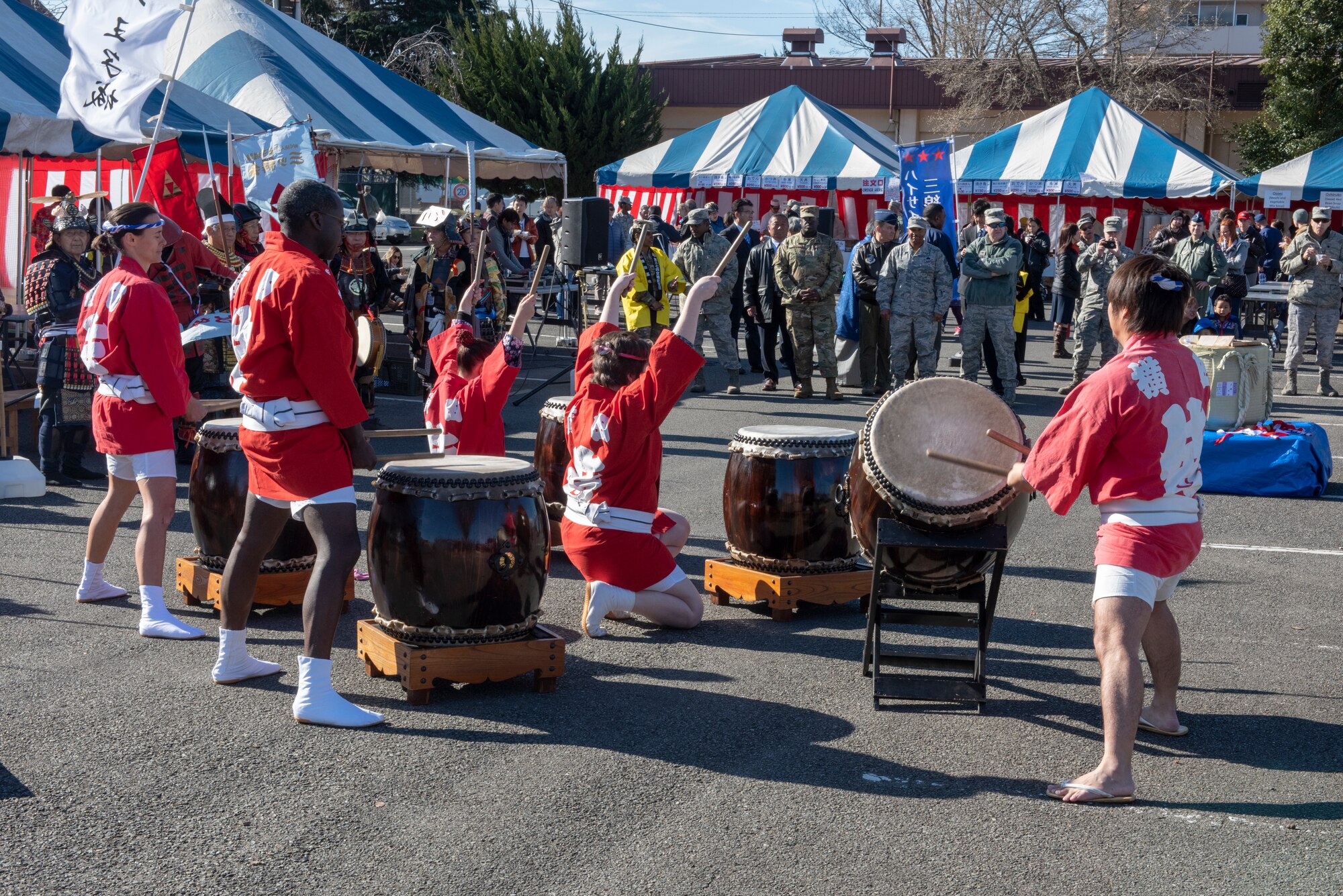 Taiko drummers perform for an audience at the annual Japanese Culture Day at Yokota Air Base, Japan, Jan. 11, 2019.