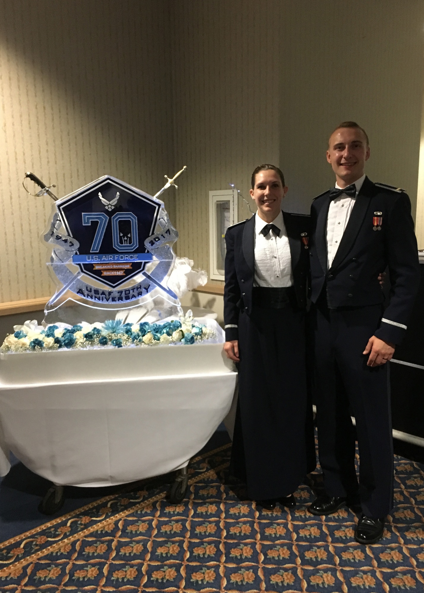 2nd Lt. Ethan Rasmussen, 30th Space Wing contracting specialist and 2nd Lt. Amy Rasmussen, 30th Space Wing public affairs officer, pose at the Air Force Ball at the Pacific Coast Club, Vandenberg Air Force Base, Calif. Sept. 8, 2017. This was the first Air Force Ball for the newly wedded couple.