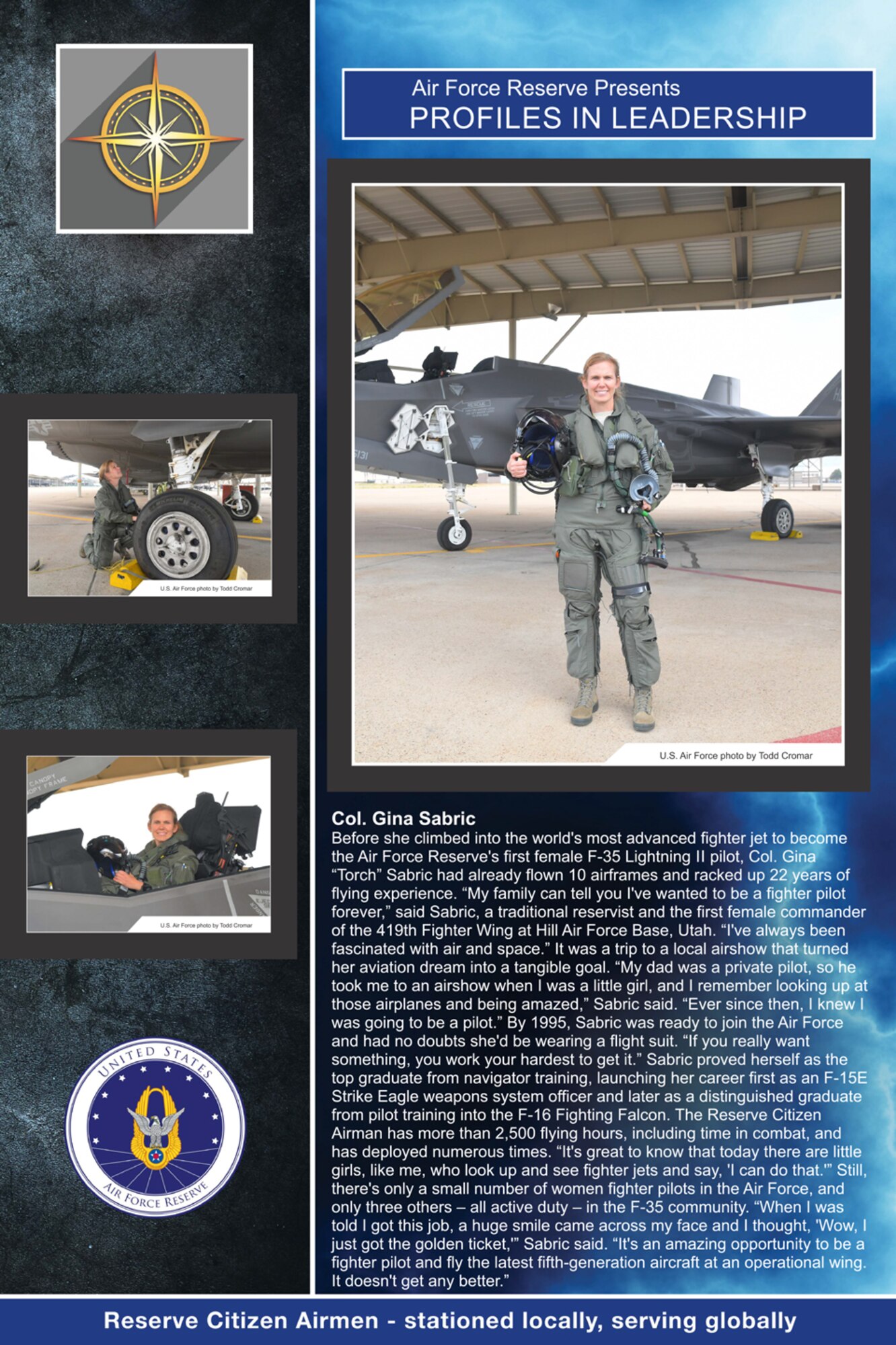 The fourth edition of the Air Force Reserve Profiles in Leadership featuring 16 Reserve Citizen Airmen, went on display in the Pentagon Dec. 14, 2018. This year’s display includes Col. Regina Sabric, 419th Fighter Wing commander at Hill Air Force Base, Utah. (U.S. Air Force graphic)