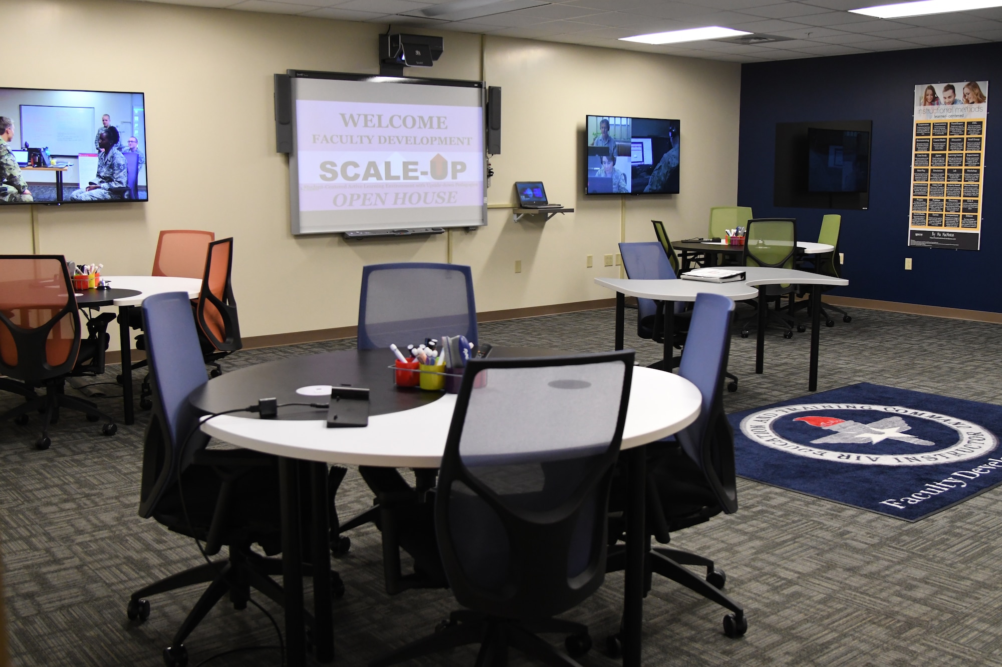 A Student-Centered Active Learning Environment with Upside-down Pedagogies class room is displayed during the SCALE-UP ribbon cutting ceremony inside Allee Hall at Keesler Air Force Base, Mississippi, Jan. 10, 2019. The SCALE-UP program was introduced by the 81st Training Support Squadron as a way to bring new technology and teaching techniques into Keesler classrooms to put more focus on students and their success in Air Force education. (U.S. Air Force photo by Kemberly Groue)