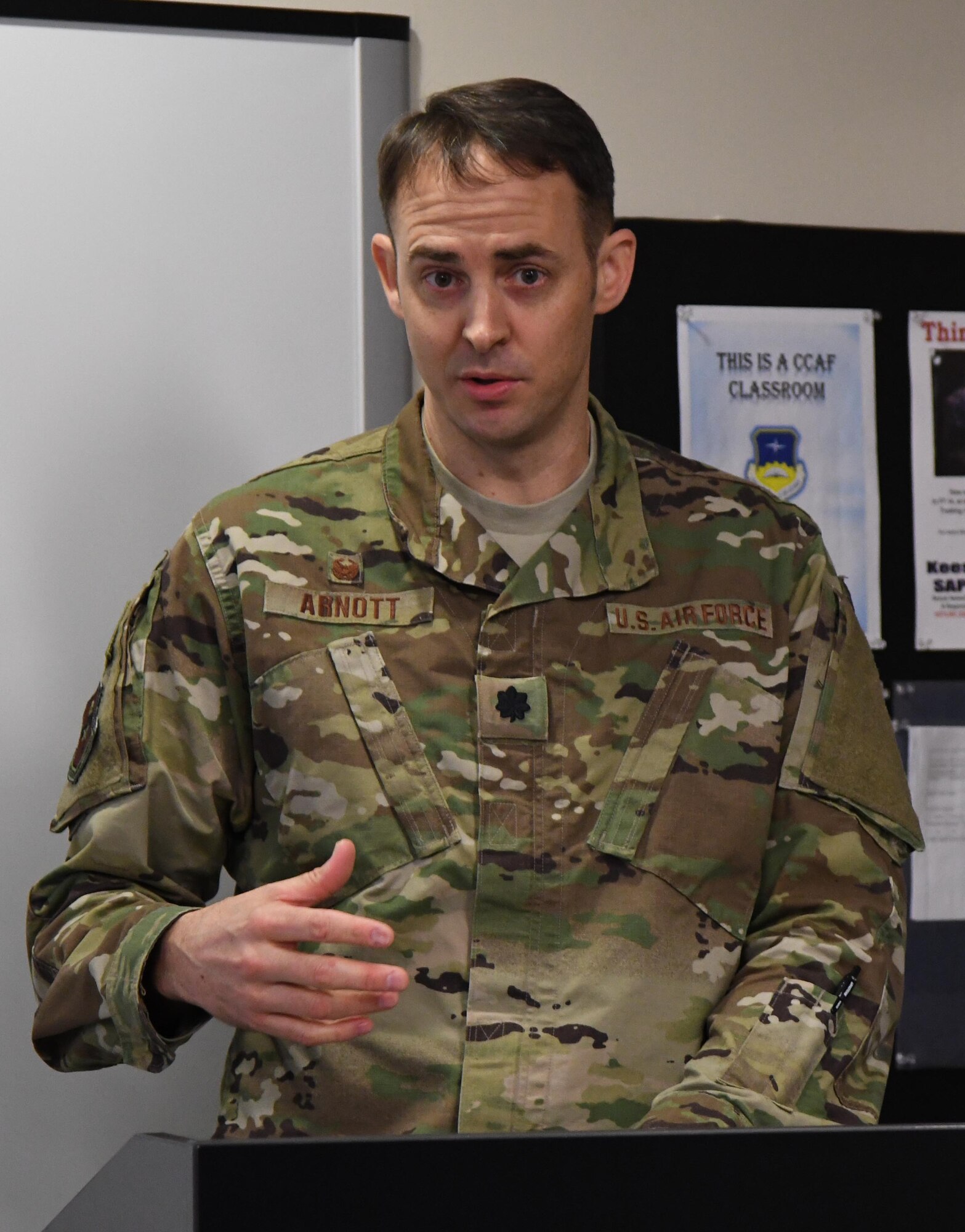 U.S. Air Force Lt. Col. Stephen Arnott, 81st Training Support Squadron commander, delivers remarks during the Student-Centered Active Learning Environment with Upside-down Pedagogies ribbon cutting ceremony inside Allee Hall at Keesler Air Force Base, Mississippi, Jan. 10, 2019. The SCALE-UP program was introduced by the 81st TRSS as a way to bring new technology and teaching techniques into Keesler classrooms to put more focus on students and their success in Air Force education. (U.S. Air Force photo by Kemberly Groue)