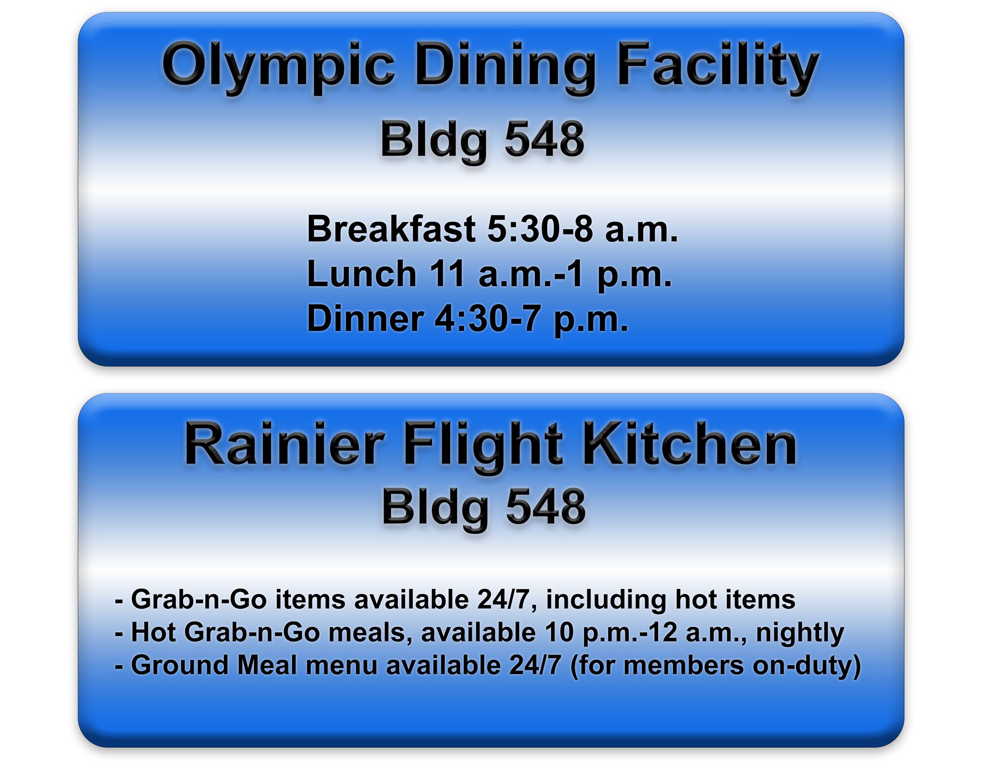 Olympic Dining Facility and Rainier Flight Kitchen info