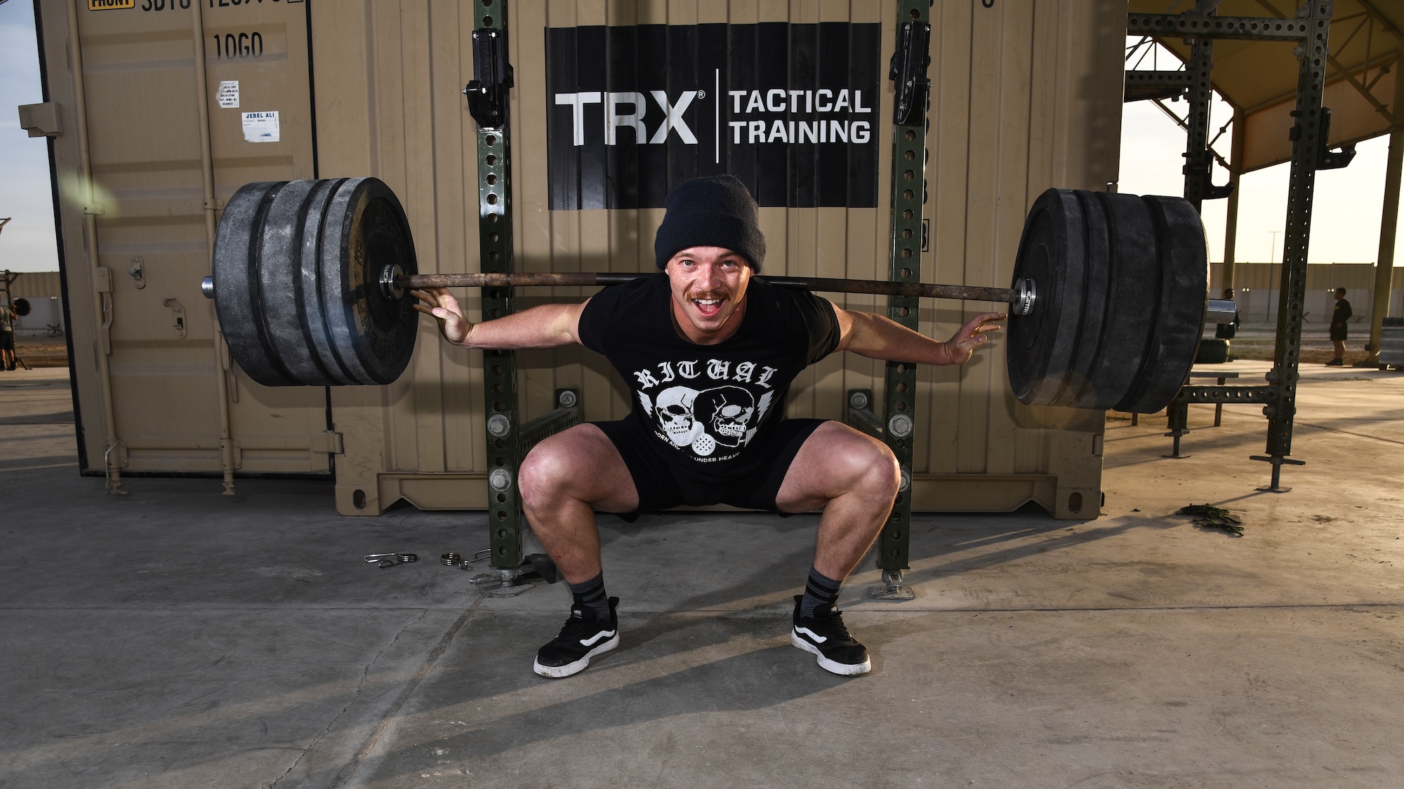 U.S. Air Force Staff Sgt. Nathaniel Roark, 380th Expeditionary Civil Engineer Squadron firefighter, poses for a photo at Al Dhafra Air Base United Arab Emirates, Jan. 8, 2019. Roark is one of the three Airmen from ADAB that advanced to and placed in the Strongest in the AOR competition. (U.S. Air Force photo by Senior Airman Mya M. Crosby)