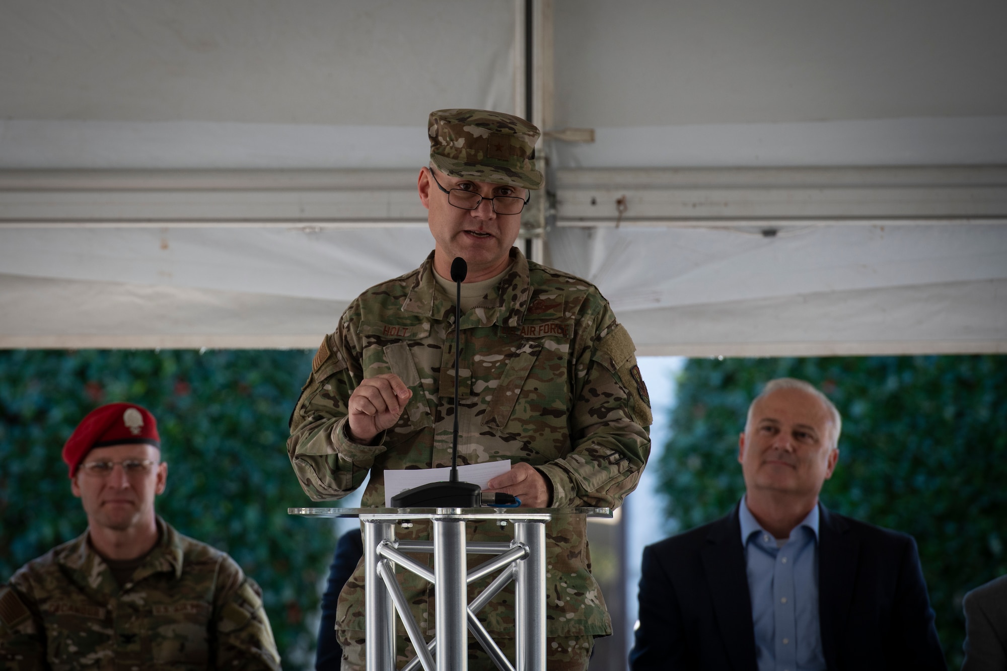 U.S. Air Force Brig. Gen. William Holt, the special assistant to the commander with Air Force Special Operations Command, gives remarks during a ribbon cutting and dedication ceremony in Fort Walton Beach, Florida, Jan. 11, 2018.