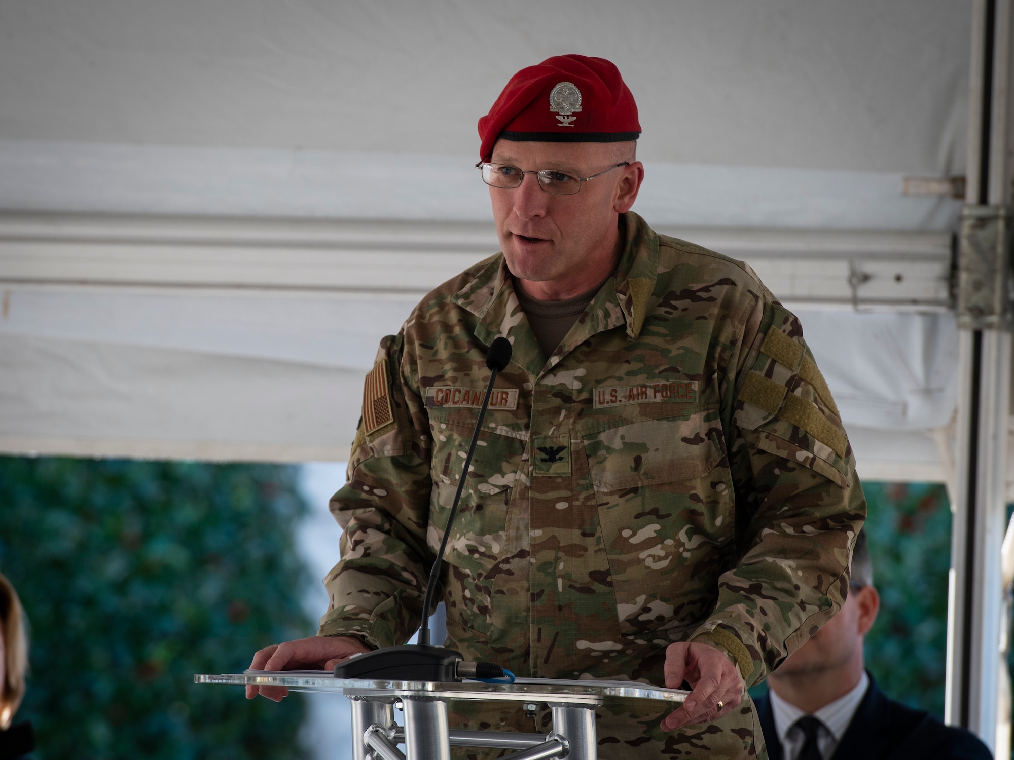 U.S. Air Force Col. Spencer Cocanour, the vice commander of the 24th Special Operations Wing, gives remarks during a ribbon cutting and dedication ceremony in Fort Walton Beach, Florida, Jan. 11, 2018.