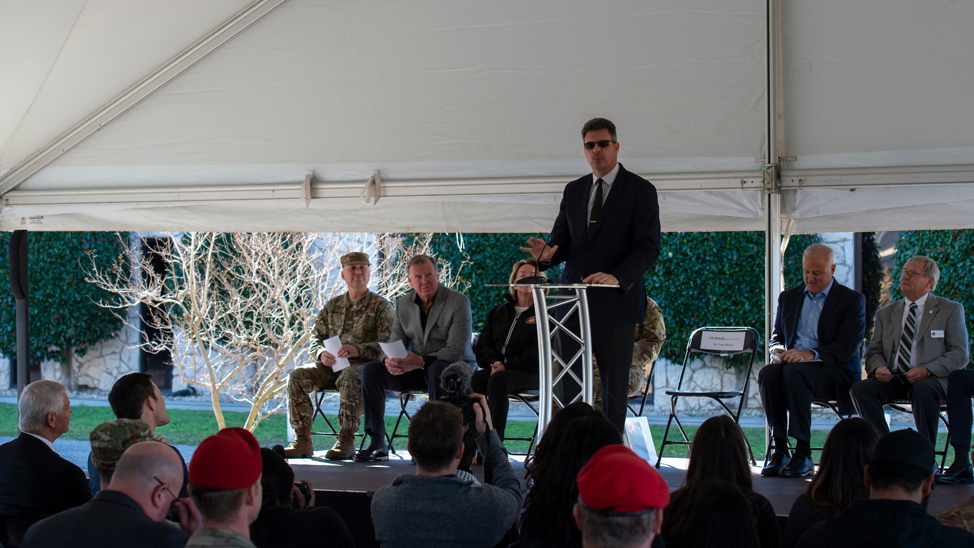 Todd Weiser, the chief technology officer and director of innovations with Air Force Special Operations Command, gives remarks during a ribbon cutting and dedication ceremony in Fort Walton Beach, Florida, Jan. 11, 2018.