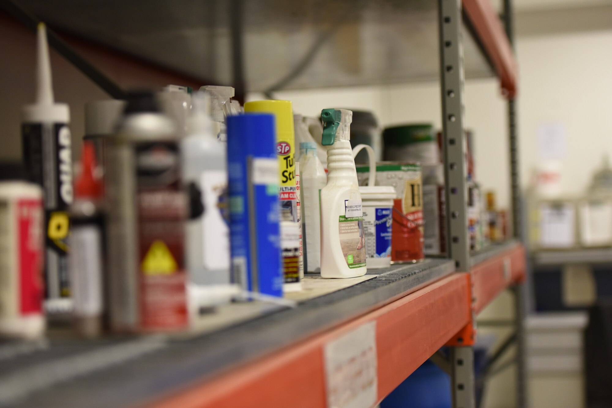 The 28th Logistics Readiness Squadron Hazmart provides a safe and environmentally friendly way for Airmen to dispose of unwanted household chemicals at Ellsworth Air Force Base, S.D. Airmen can pick up items like paint, carpet cleaner and caulk as well. (U.S. Air Force photo by Senior Airman Michella Stowers)