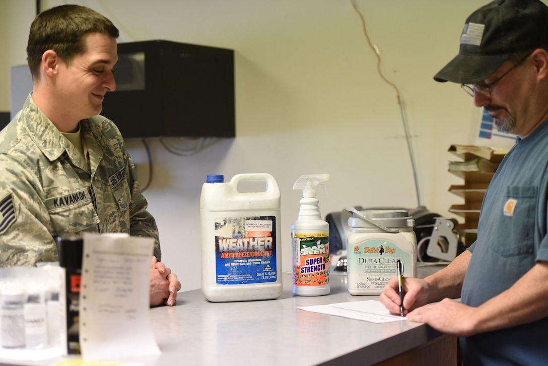 Tech. Sgt. Timothy Kavanagh, the 28th Logistics Readiness Squadron central storage non-commissioned officer in charge, receives cleaning liquids at the Ellsworth Air Force Base, S.D. Hazmart, on Dec. 4, 2018. Members from the 28th LRS provide a safe and environmentally-friendly way for Airmen to dispose of their unwanted household chemicals. All hazardous materials delivered to Hazmart are logged and managed with barcode tracking, allowing the staff to keep track of incoming and outgoing materials and monitor the expiration dates. (U.S. Air Force photo by Senior Airman Michella Stowers)
