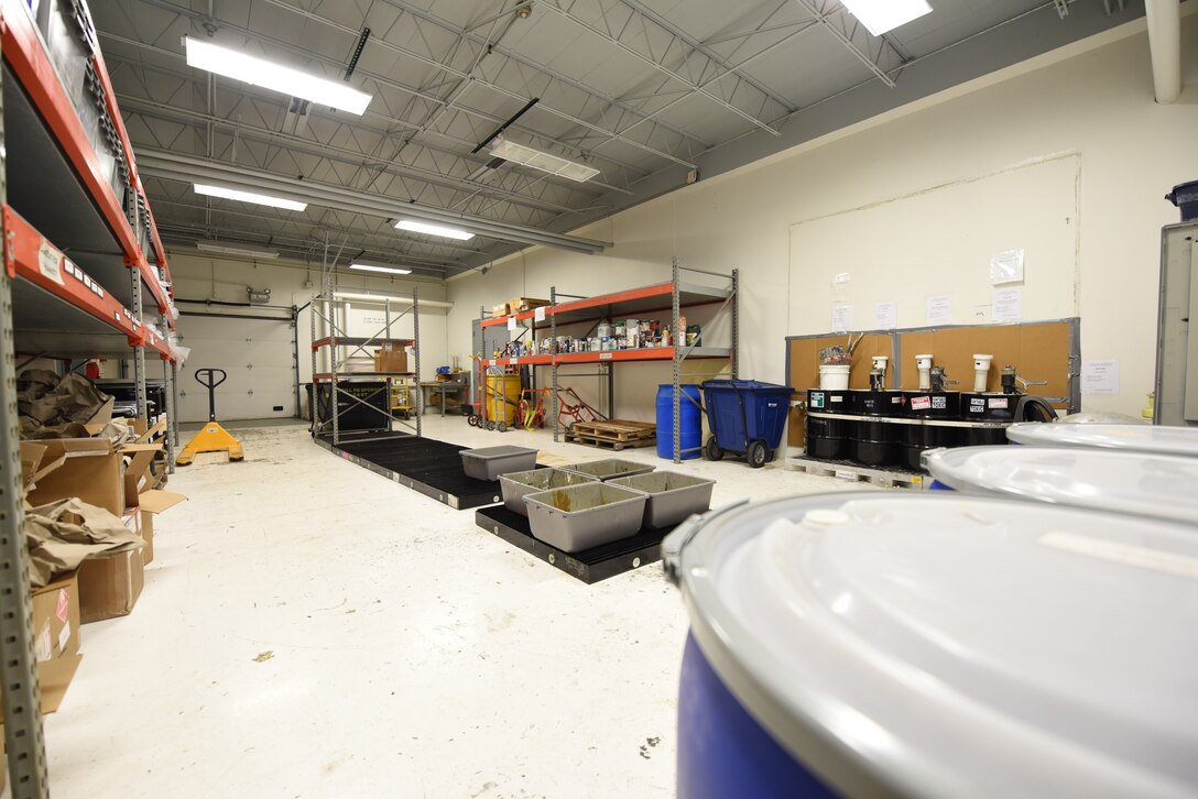Airmen from the 28th Logistics Readiness Squadron provide a safe and environmentally-friendly way for Airmen at Ellsworth Air Force Base, S.D. to dispose of unwanted household chemicals, as well as receive items like paint and carpet cleaner for free. Anyone with base access can pick up or drop off accepted items. (U.S. Air Force photo by Senior Airman Michella Stowers)