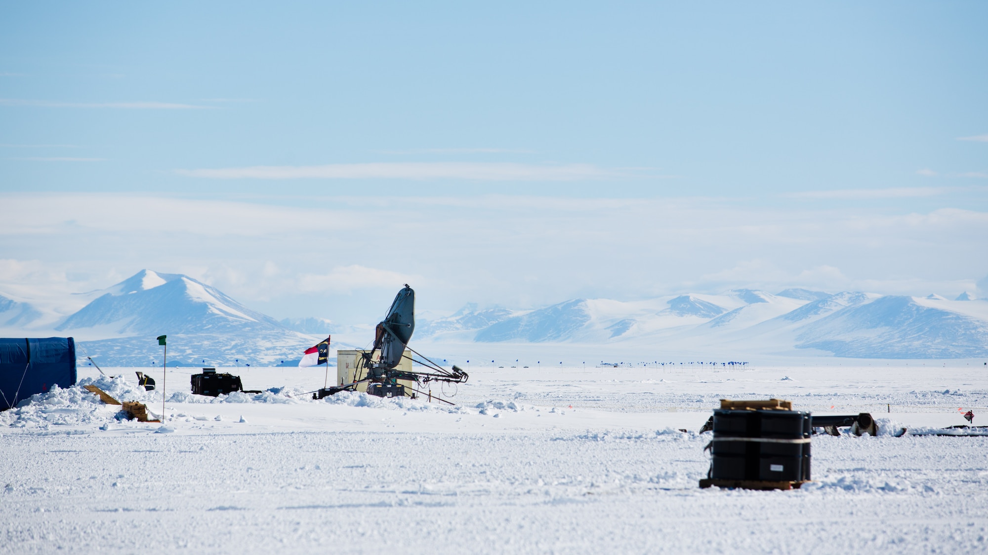 A deployable satellite belonging to the 263rd Combat Communications Squadron with the North Carolina Air National Guard is set up on an ice field for use during Operation Deep Freeze (ODF), at McMurdo Station, Antarctica, Dec. 1, 2018. ODF is a military mission in support of the National Science Foundation throughout the continent of Antarctica, to provide air, land, and sea support to McMurdo Station. (Courtesy photo submitted by Civ. Johnny Chiang)