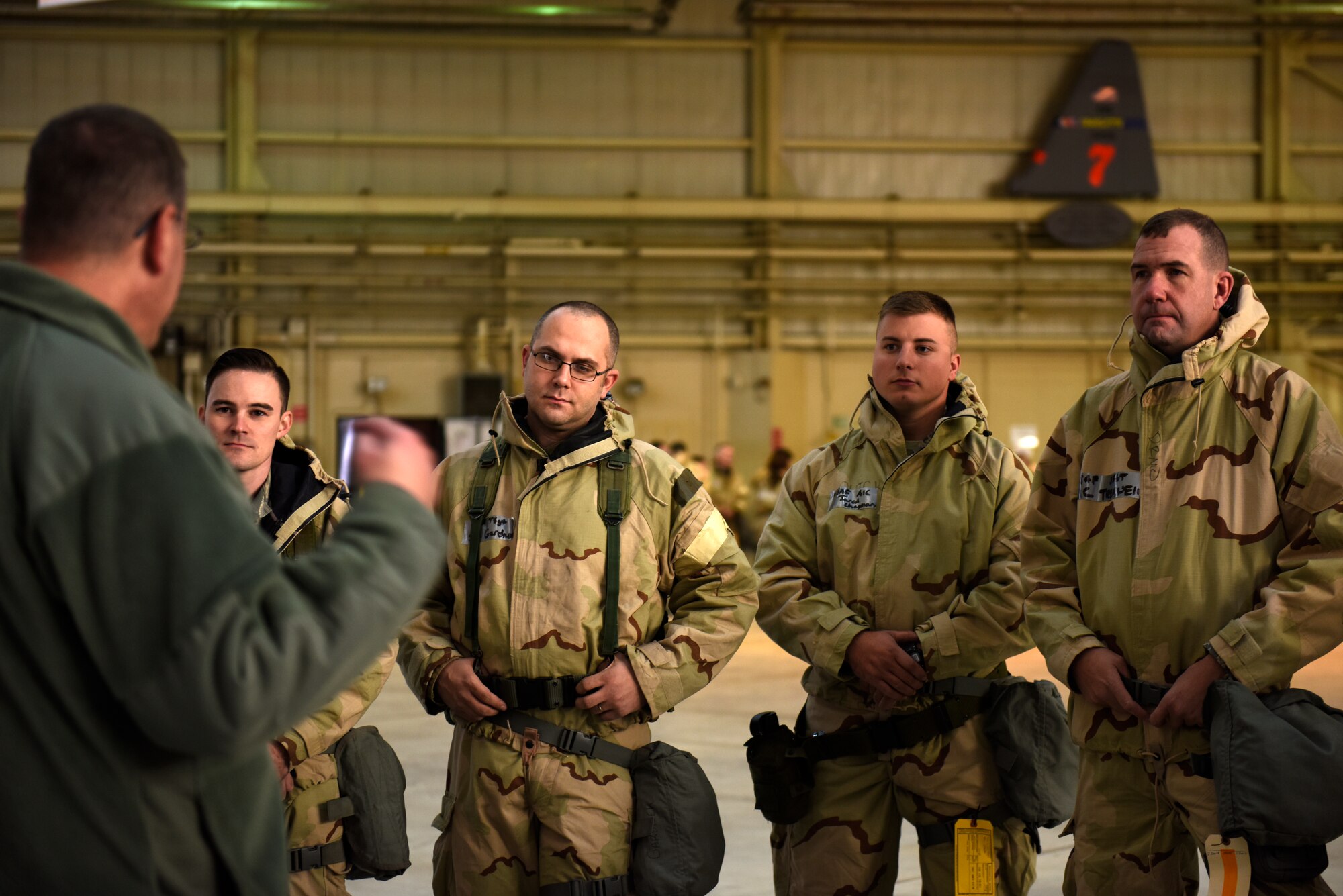 Members of the North Carolina Air National Guard participate in an Ability To Survive and Operate (ATSO) training held in a C-17 Globemaster III hangar at the North Carolina Air National Guard (NCANG) Base, Charlotte Douglas International Airport, Jan. 10, 2019. The ATSO exercise consists of ten rotating stations and serves as refresher training for situations like self-aid buddy care, explosive ordinance device recognition, and chemical warfare decontamination stations.