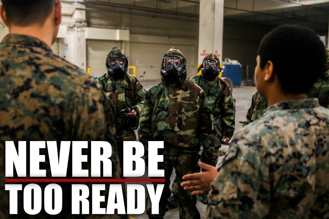 Marines with 3rd Marine Logistics Group practice donning and using protective gear in a chemical, biological, radiological and nuclear (CBRN) environment Jan. 11, 2019 at Camp Kinser, Okinawa, Japan. Marines trained in reconnaissance, surveillance and decontamination (RS&D) are required to take a refresher course every fiscal quarter to ensure they are capable of performing RS&D tasks operationally. (U.S. Marine Corps photo by Lance Cpl. Mark Fike)