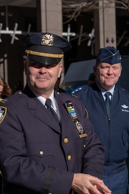 U.S. Air Force Lt. Gen.Richard W. Scobee, Air Force Reserve commander, is escorted by Lt. Col. Michael Gibbs, 514th Security Forces Squadron commander in New York City on January 11, 2019. Gibbs is a Reserve Citizen Airmen with the 514th Air Mobility Wing located at Joint Base McGuire-Dix-Lakehurst, N.J., and a captain in the New York Police Department. (U.S. Air Force photo by Staff Sgt. Michael Ki Hong)
