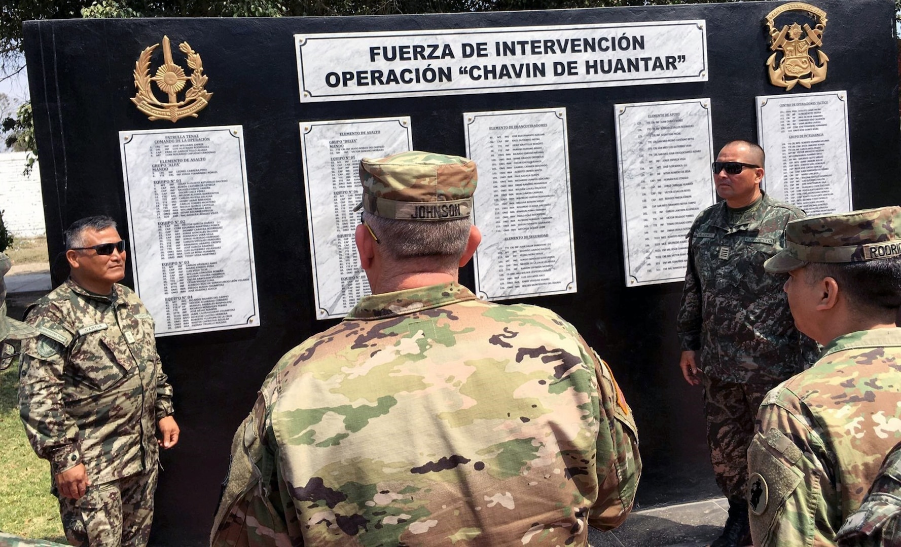 Maj. Gen. Miguel Angel Garcia Salas, Peruvian Army director of logistics, (left) welcomes Combined Arms Support Command and Army South members to Peru in front of the Intervention Force Memorial for Operation Chavin de Huantar. Operation Chavin de Huantar was a Peruvian military operation ended the 1997 Japanese embassy hostage crisis by raiding the Japanese ambassador's residence and freeing the hostages held there by the terrorist organization Tupac Amaru Revolutionary Movement and is considered one of the most successful hostage rescues in the world. Six CASCOM and ARSOUTH members visited the Peruvian Army to assist in modernizing their logistics doctrine and programs to better support future operational requirements.