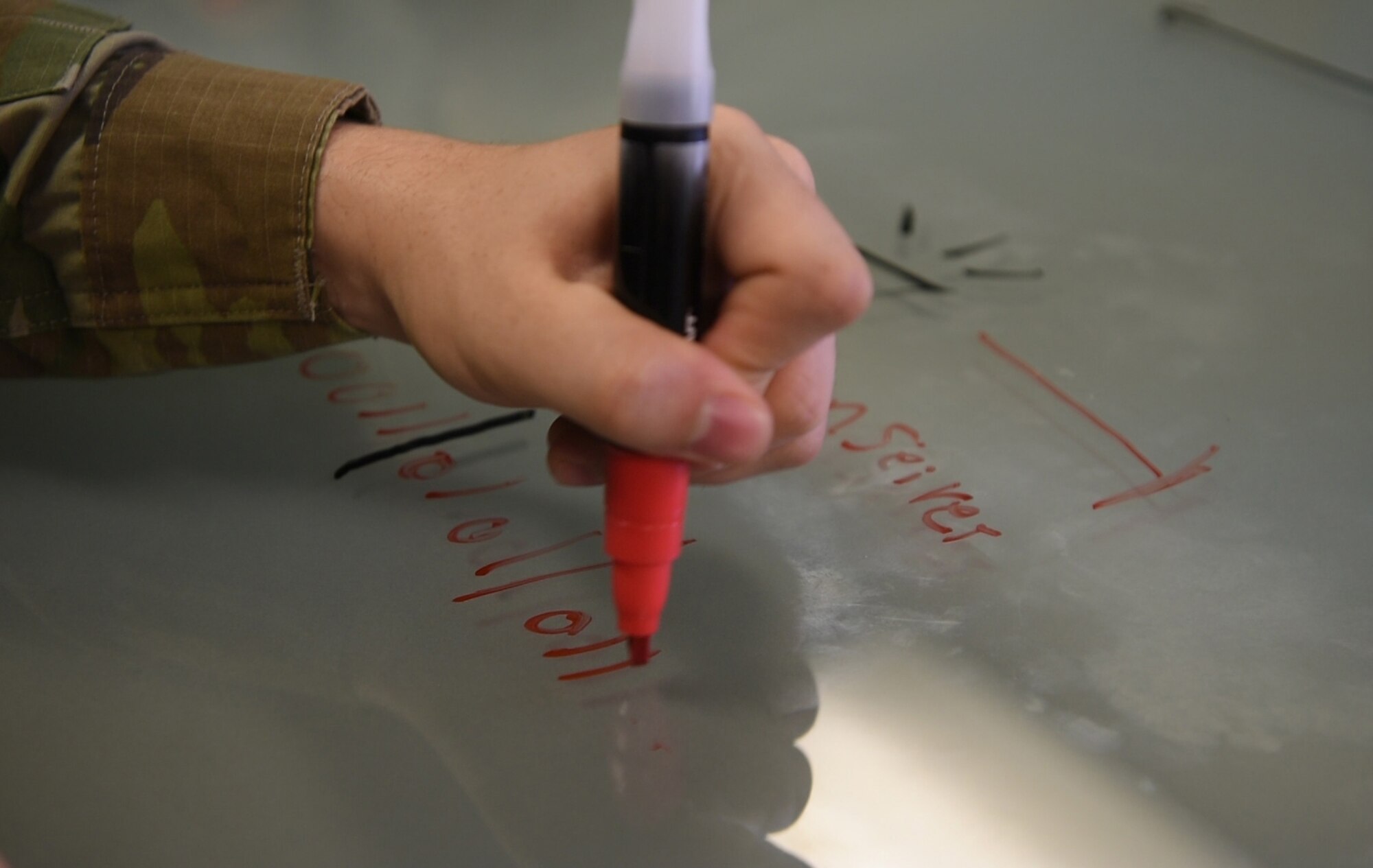 Airmen brainstorm Oct. 22, 2019 in the Warkhawk Thinking Facility (WTF) at Offutt Air Force Base, Nebraska.