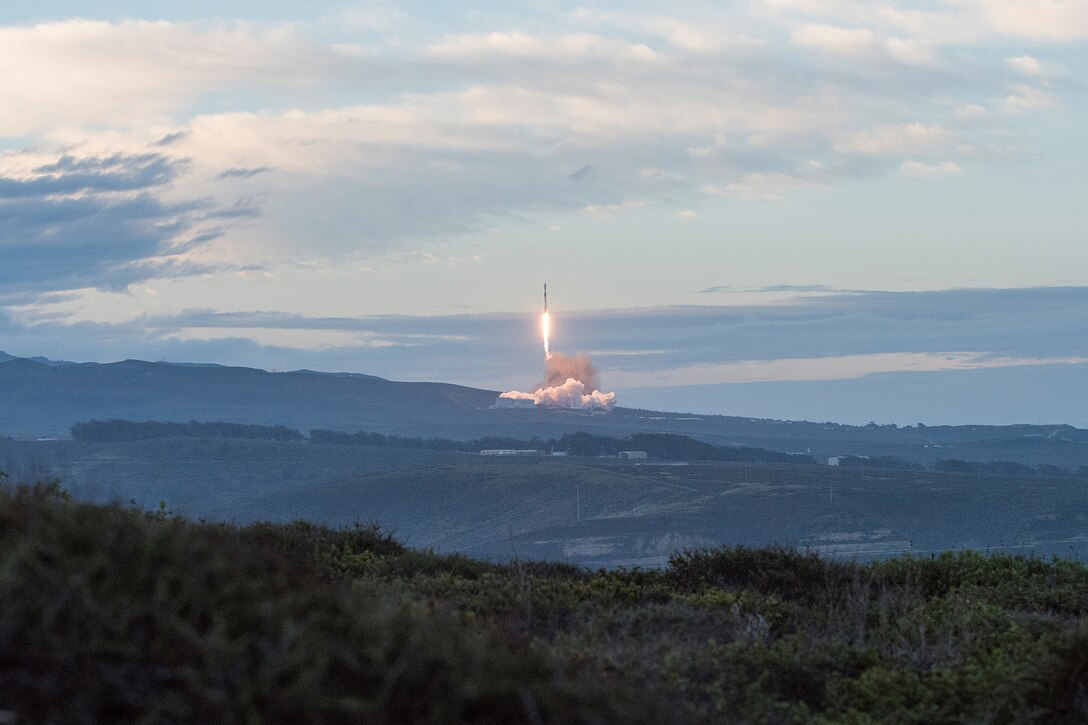 A SpaceX Falcon 9 rocket launches.