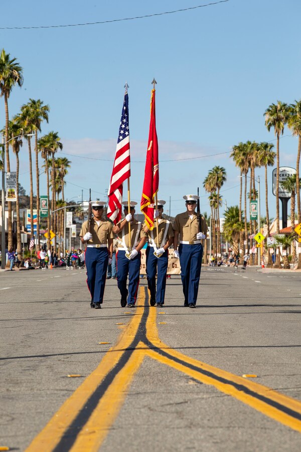 The Combat Center’s Color Guard leads the parade at the 29 Palms Pioneer Day in Twentynine Palms, Calif., Oct. 20, 2018. Pioneer Days started in 1937 and since then has evolved into a celebration and parade. The Combat Center and local community keep relations strong with events like these, giving them the opportunity to connect. (U.S. Marine Corps photo by Lance Cpl. Dave Flores)