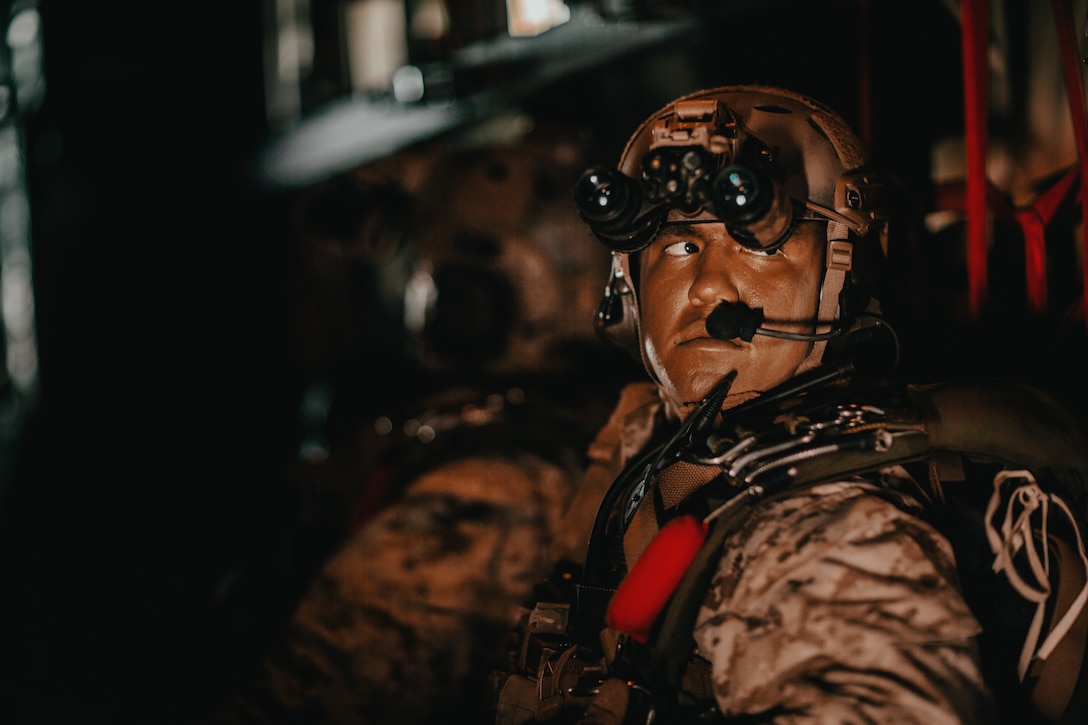 A Marine with 3rd Reconnaissance Battalion, 3rd Marine Division, III Marine Expeditionary Force, looks to his right at Marine Corps Air Ground Combat Center, Twentynine Palms, Calif., Oct. 25, 2018, as a part of Integrated Training Exercise 1-19. The purpose of ITX is to create a challenging, realistic training environment that produces combat-ready forces capable of operating as an integrated Marine Air Ground Task Force. (U.S. Marine Corps Photo by Sgt. Joshua Elijah Chacon)
