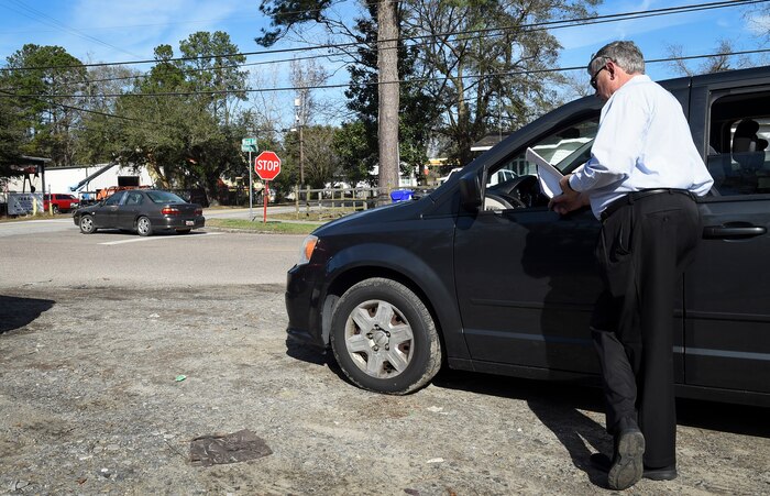 Tim Miller, Air Combat Command Treaty Compliance officer, observes vehicles exiting the simulated site perimeter during a Chemical Weapons Convention Treaty inspection exercise Jan. 19, 2019, at Joint Base Charleston, S.C.