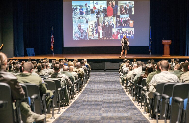 Kristen Christy, the 2018 Air Force key spouse, speaks to military members and their dependents at Little Rock Air Force Base, Ark. January 13, 2019.