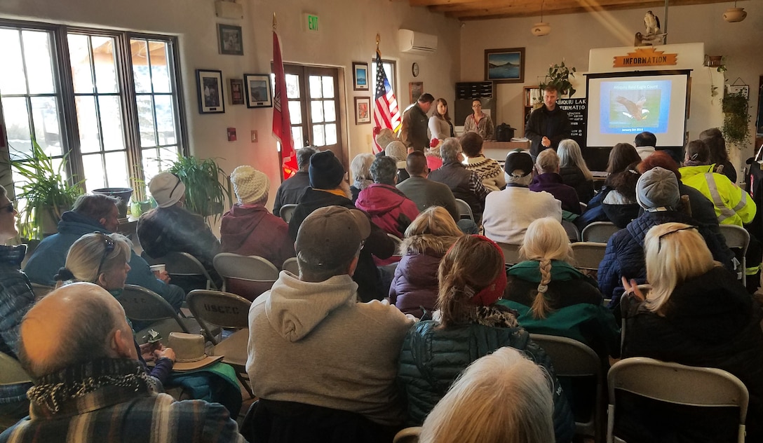 ABIQUIU LAKE, N.M. -- Alex Patia, from the N.M. Wildlife Center, gives a presentation about eagles and how to identify the raptor to volunteers during the annual Midwinter Eagle Watch, Jan. 5, 2019.