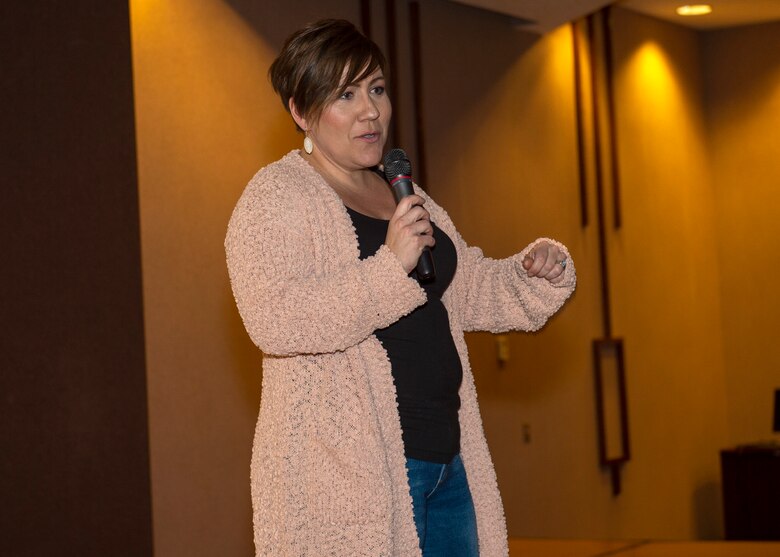 U.S. Air Force Master Sgt. Kristie Kidder, NCO in charge of the Airman and Family Readiness Center for the 97th Air Mobility Wing, gives her deployment testimonial, Jan. 12, 2019, at the Southwest Technology Center, Altus, Okla.